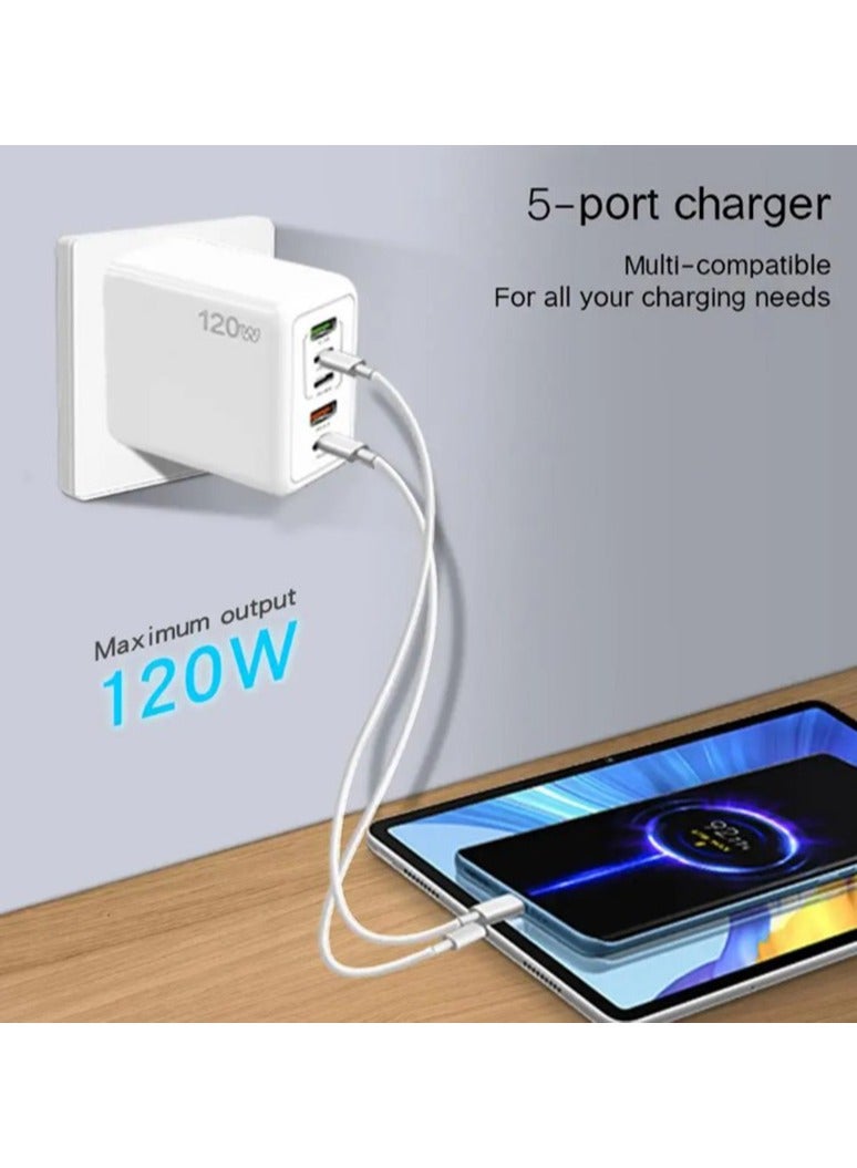شاحن سريع 120 وات مع 5 منافذ، 3PD+2USB متعدد المنافذ، شاحن حائط متعدد المنافذ 120 وات، شاحن سفر سريع بـ 5 منافذ (أسود، المملكة المتحدة) - Image 4